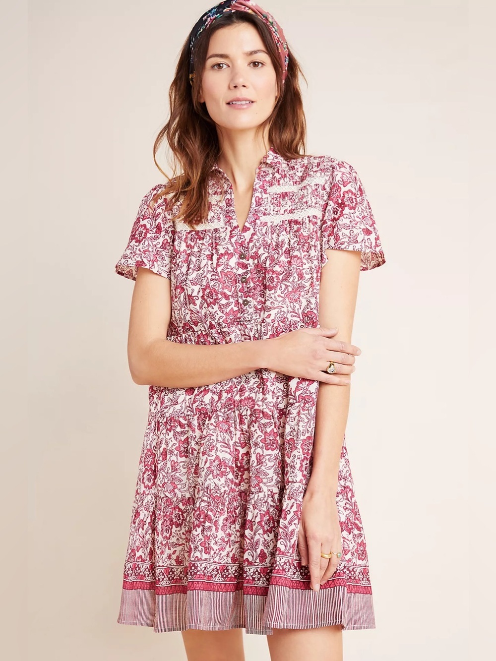Anthropologie Georgina Tiered Shirtdress Floral Pintuck Lace Cotton Size M